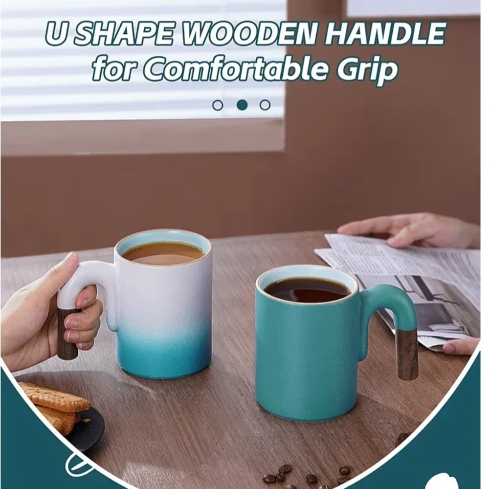 Vintage Coffee Mug with Wooden Handle - 14 oz Latte Cup set of 2 (072)